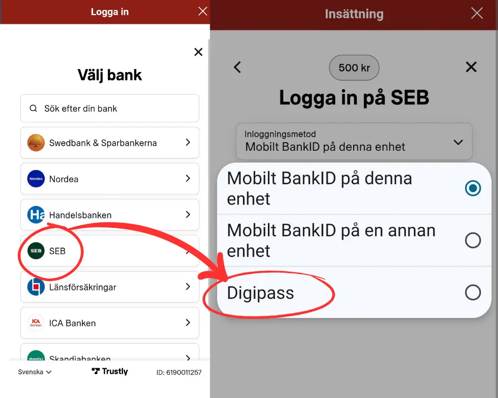 Insättning via Trustly och bankdosa hos Mega Fortune: SEB.
