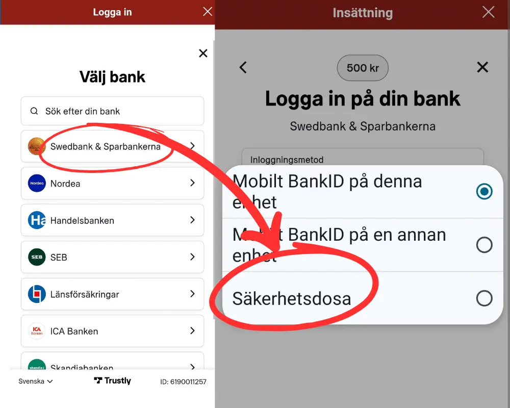 Inloggning via bankdosa hos Mega Fortune: Swedbank.