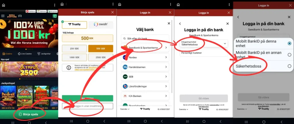 Mega Fortune: hur du loggar in via bankdosa (Swedbank & Sparbankerna).