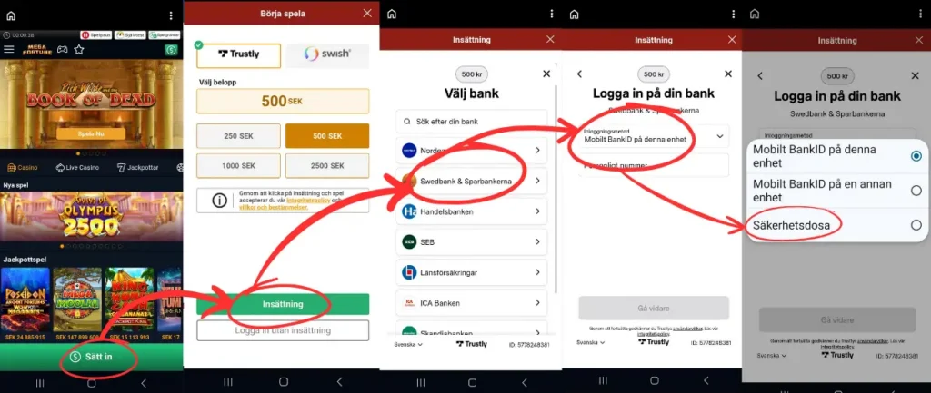 Mega Fortune: insättning via Trustly och bankdosa (Swedbank & Sparbankerna).