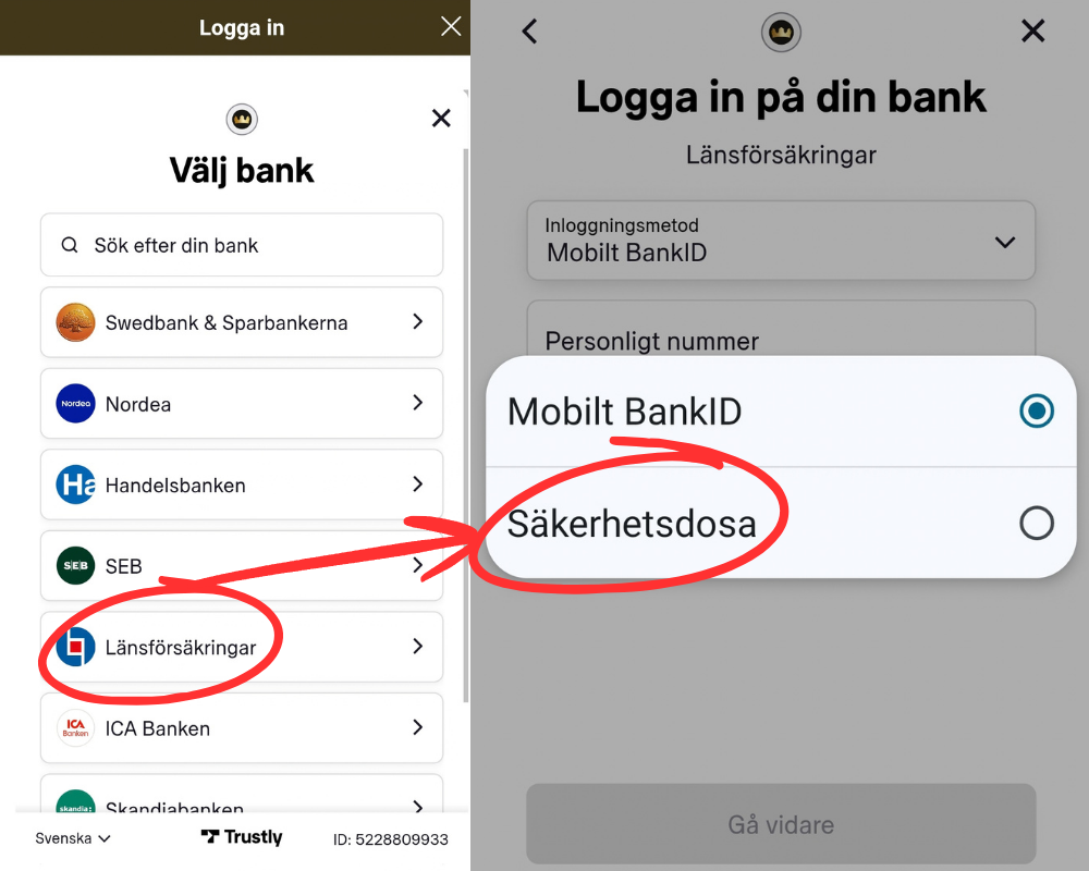 Inloggning via bankdosa hos Mega Riches: Länsförsäkringar.