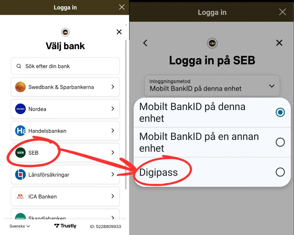 Inloggning via bankdosa hos Mega Riches: SEB.