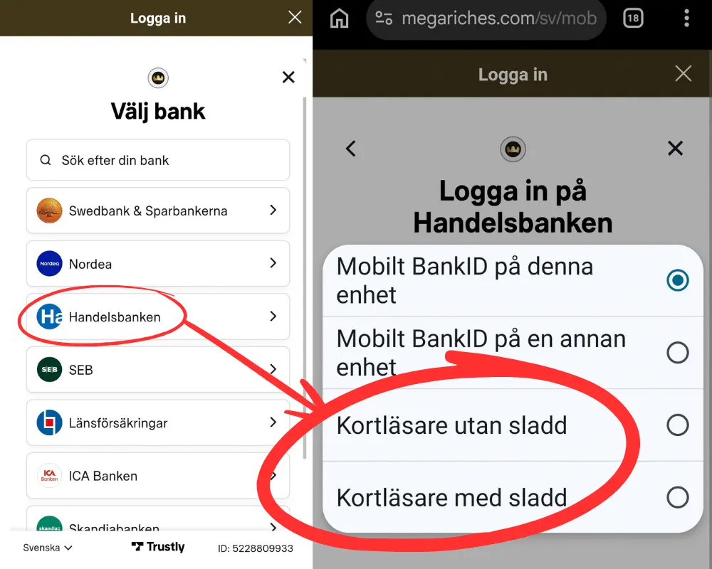 Inloggning via bankdosa hos Mega Riches: Handelsbanken.