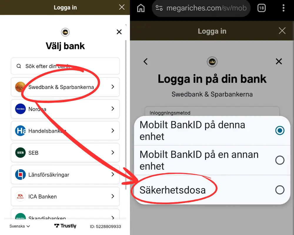 Inloggning via bankdosa hos Mega Riches: Swedbank.