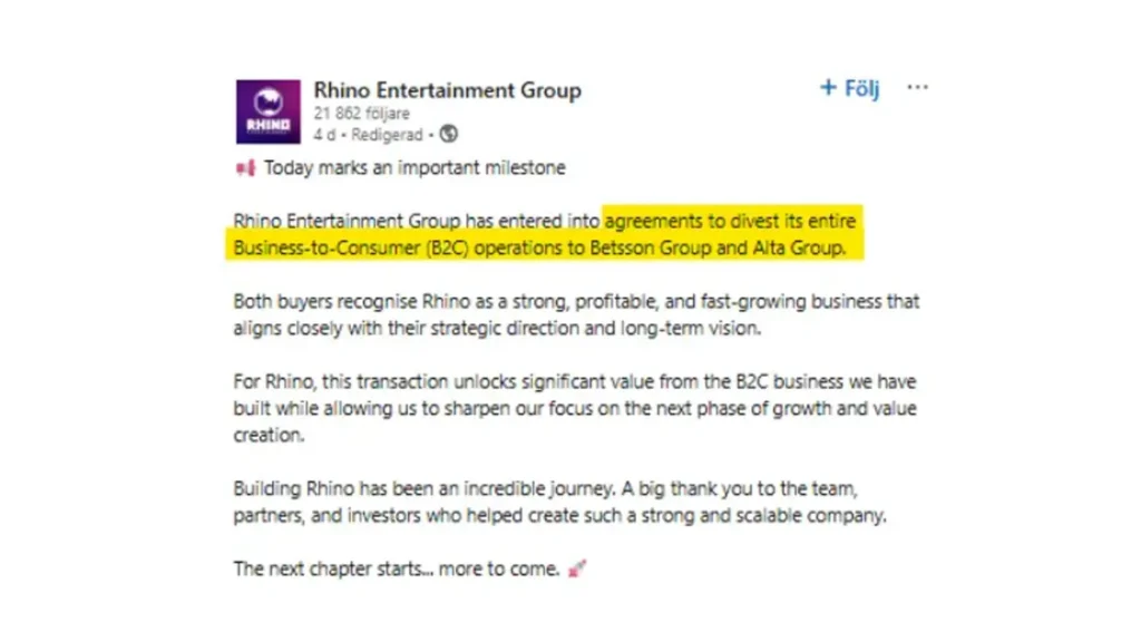 Inlägg från Rhino Entertainment Groups LinkedIn i samband med förvärvet.