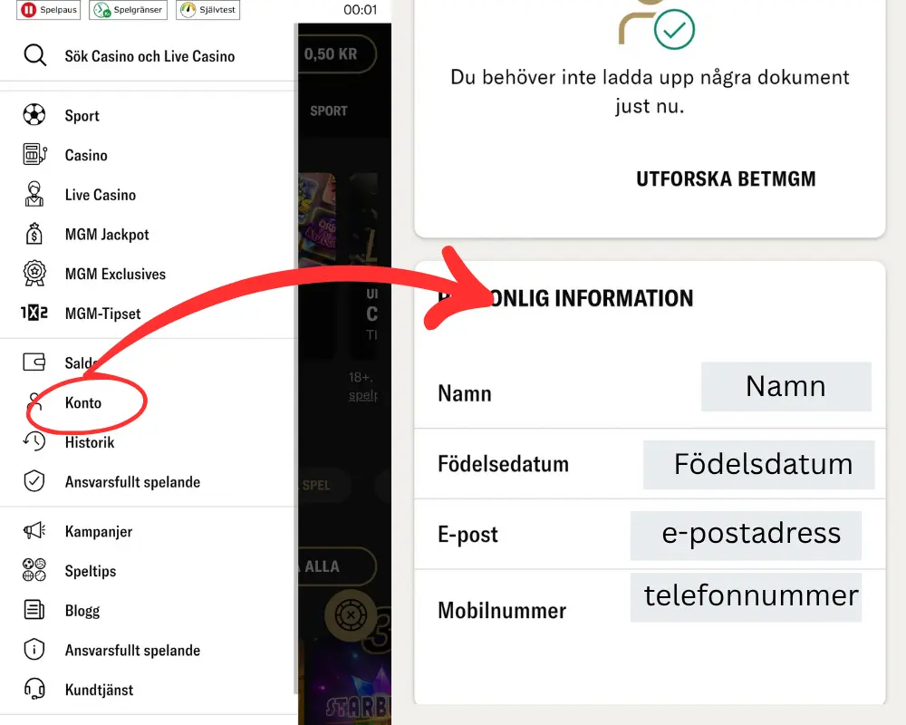 Kontoinformation och personuppgifter hos BetMGM.