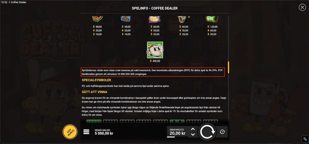 Coffee Dealer RTP-kontroll