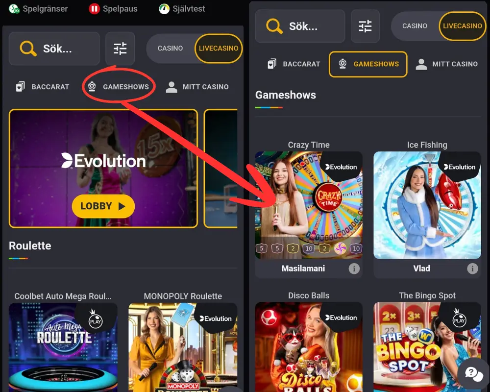 Här spanar vi in kategorin "Gameshows" i CoolBets live casino.