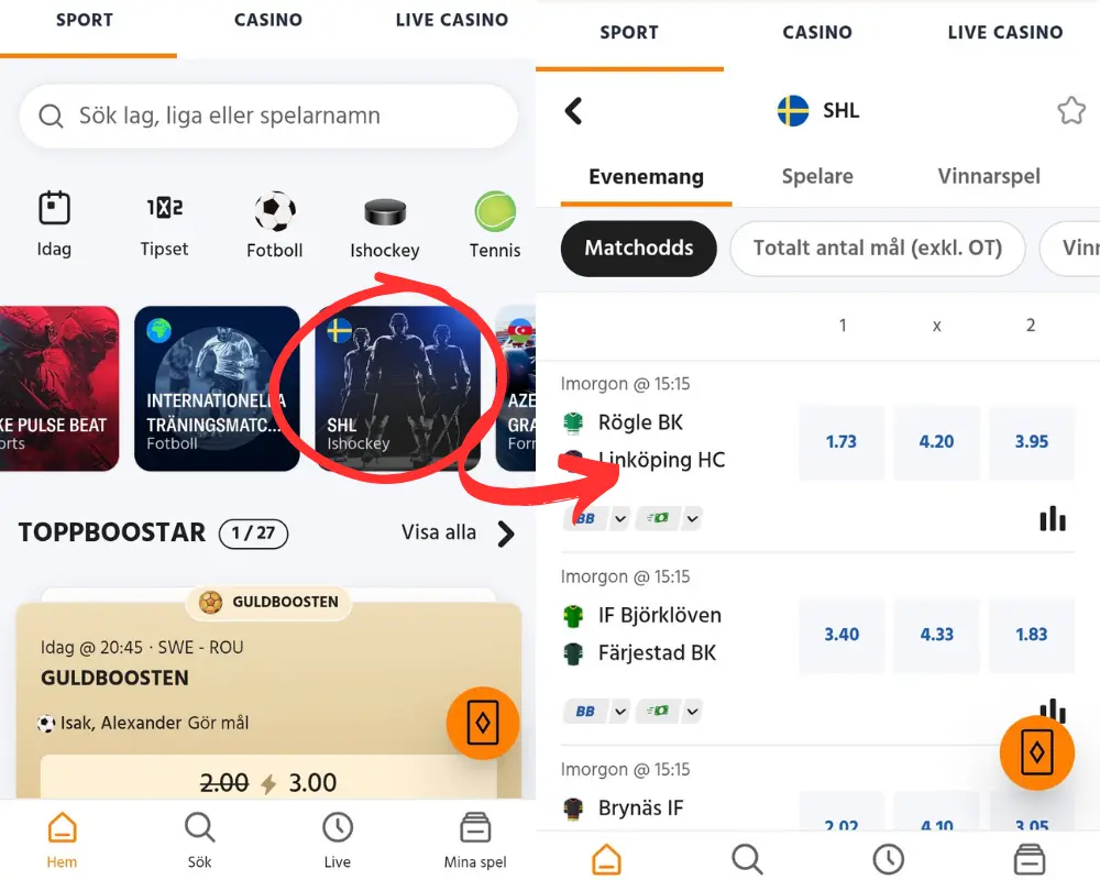 Odds på ishockey och SHL hos Expekt.