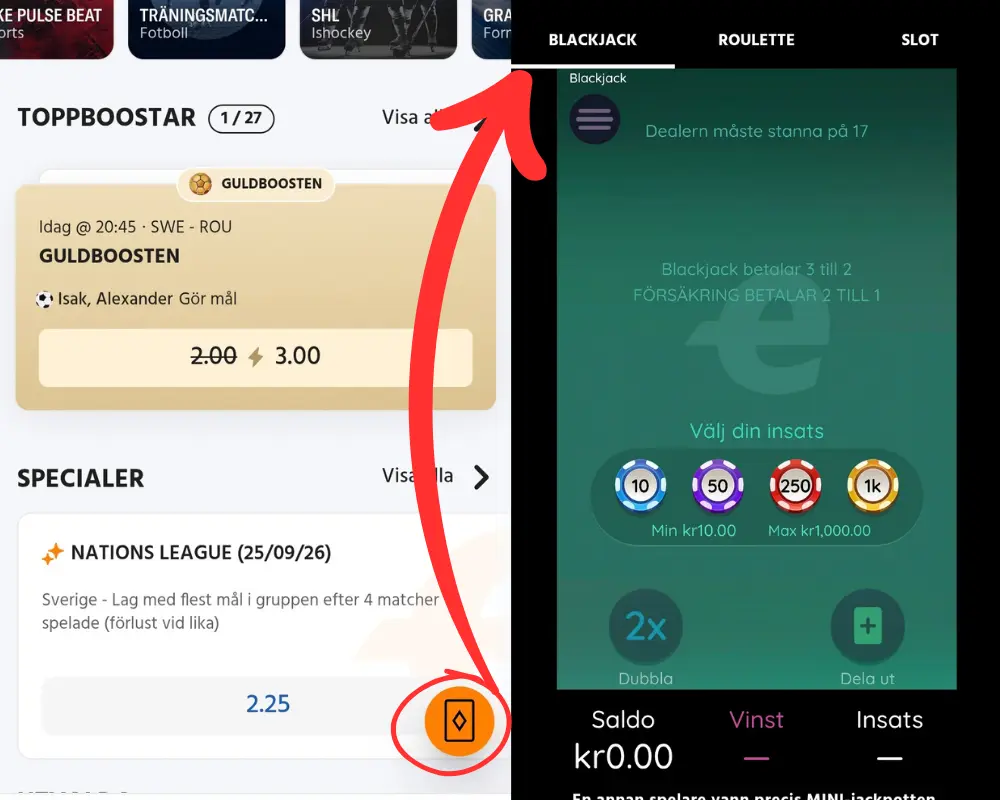 Minispel i sportsbooken: blackjack, roulette och slots.