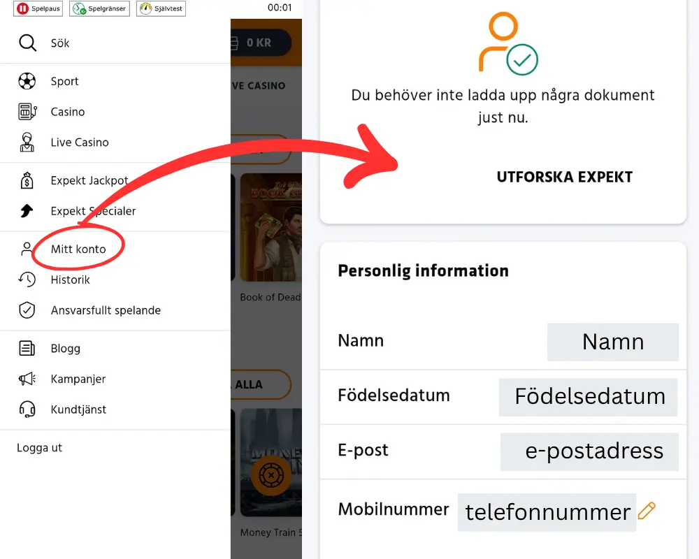 Kontoinformation och personuppgifter hos Expekt.
