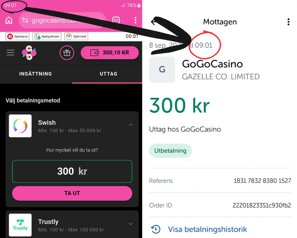 Ett uttagstest via Swish (2026) hos GoGoCasin som betalades ut direkt.
