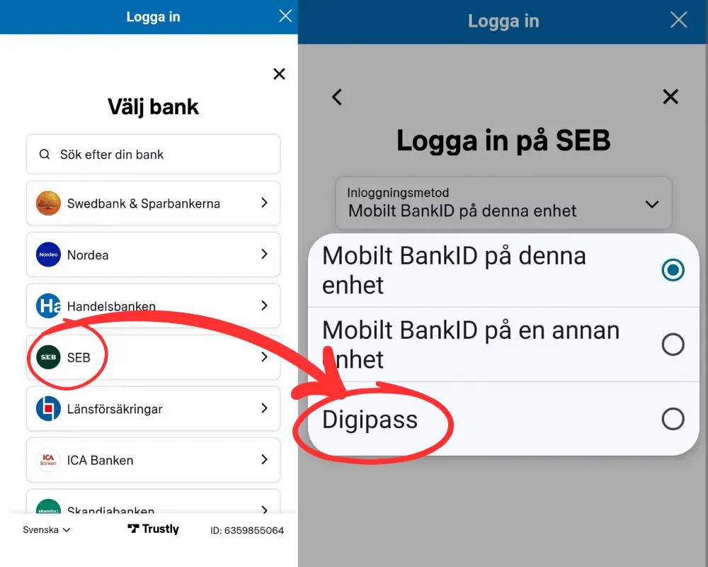 Inloggning via bankdosa hos Kungaslottet: SEB.