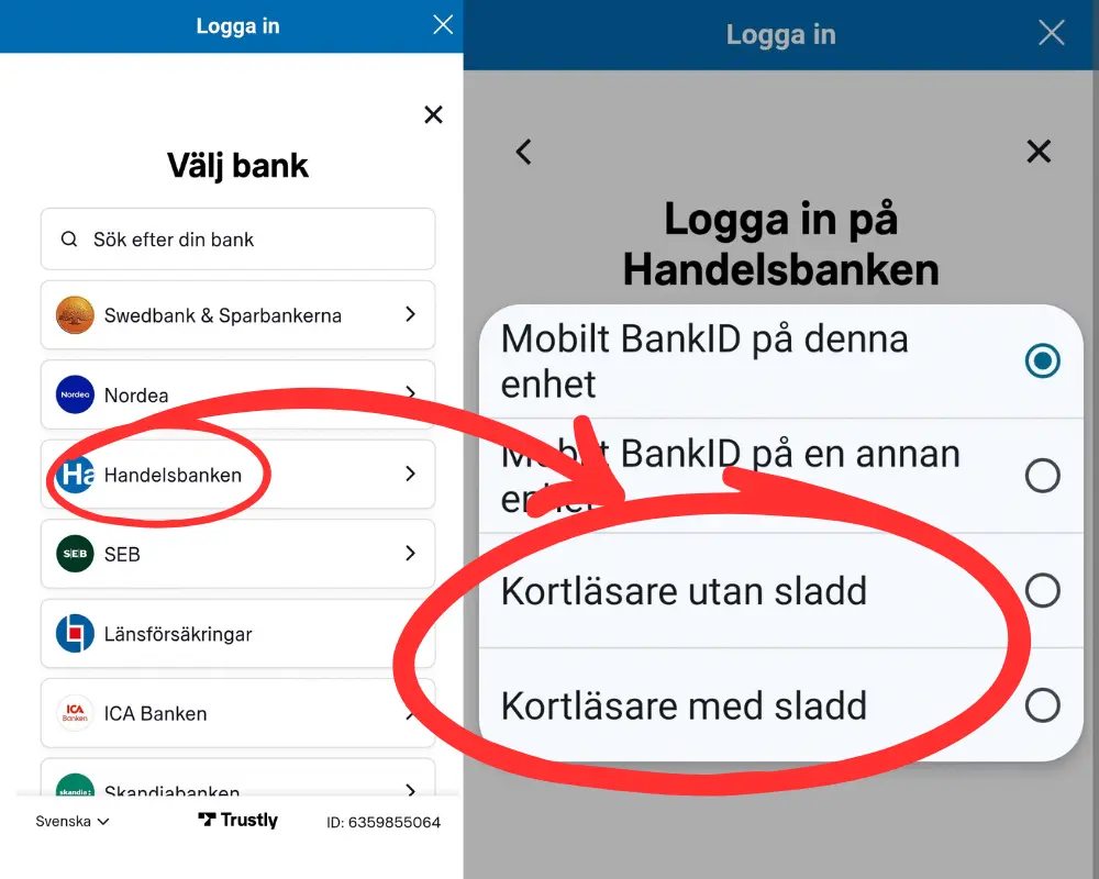 Inloggning via bankdosa hos Kungaslottet: Handelsbanken.