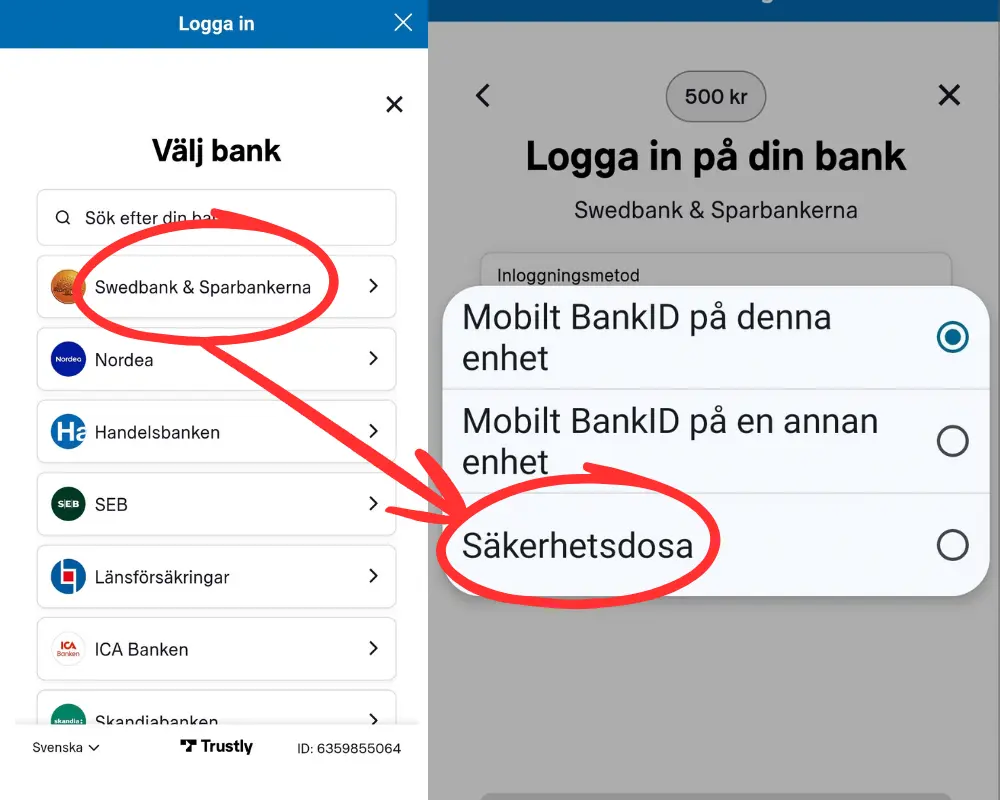 Inloggning via bankdosa hos Kungaslottet: Swedbank.