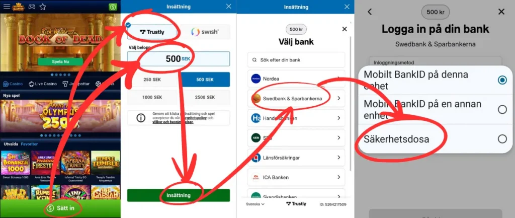 Kungaslottet: insättning via Trustly och bankdosa (Swedbank & Sparbankerna).