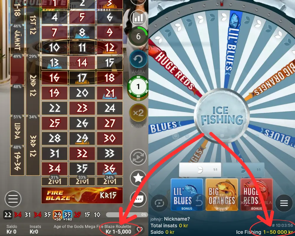Min- och maxinsatserna i Playtechs Age of Gods Mega Fire Blaze Roulette och Evolutions Ice Fishing hos YoYo Casino.