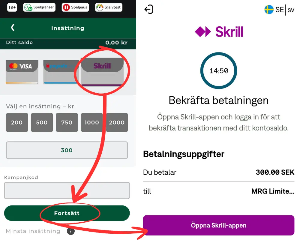 Insättning till Mr Green via Skrill