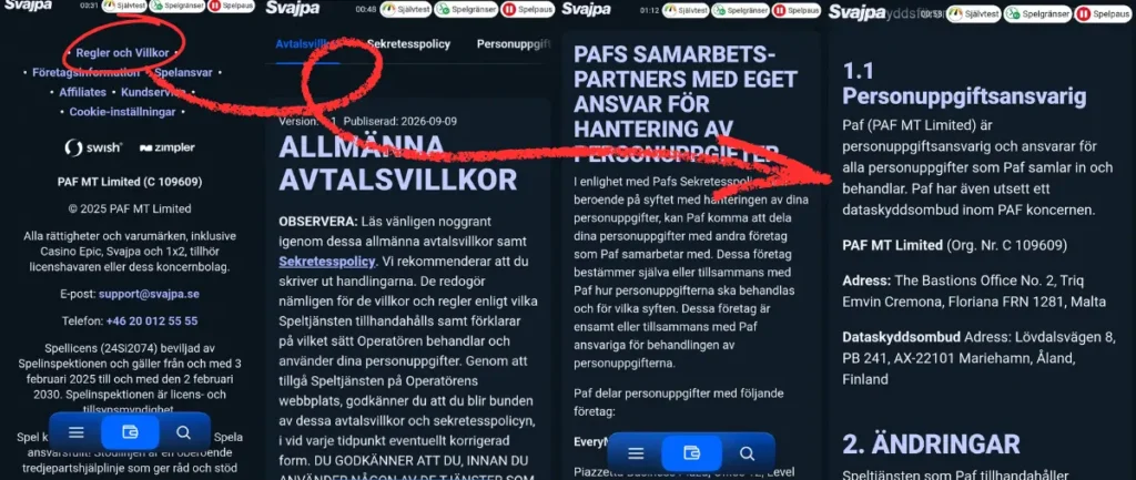 Användarvillkor och sekretesspolicy hos Svajpa.