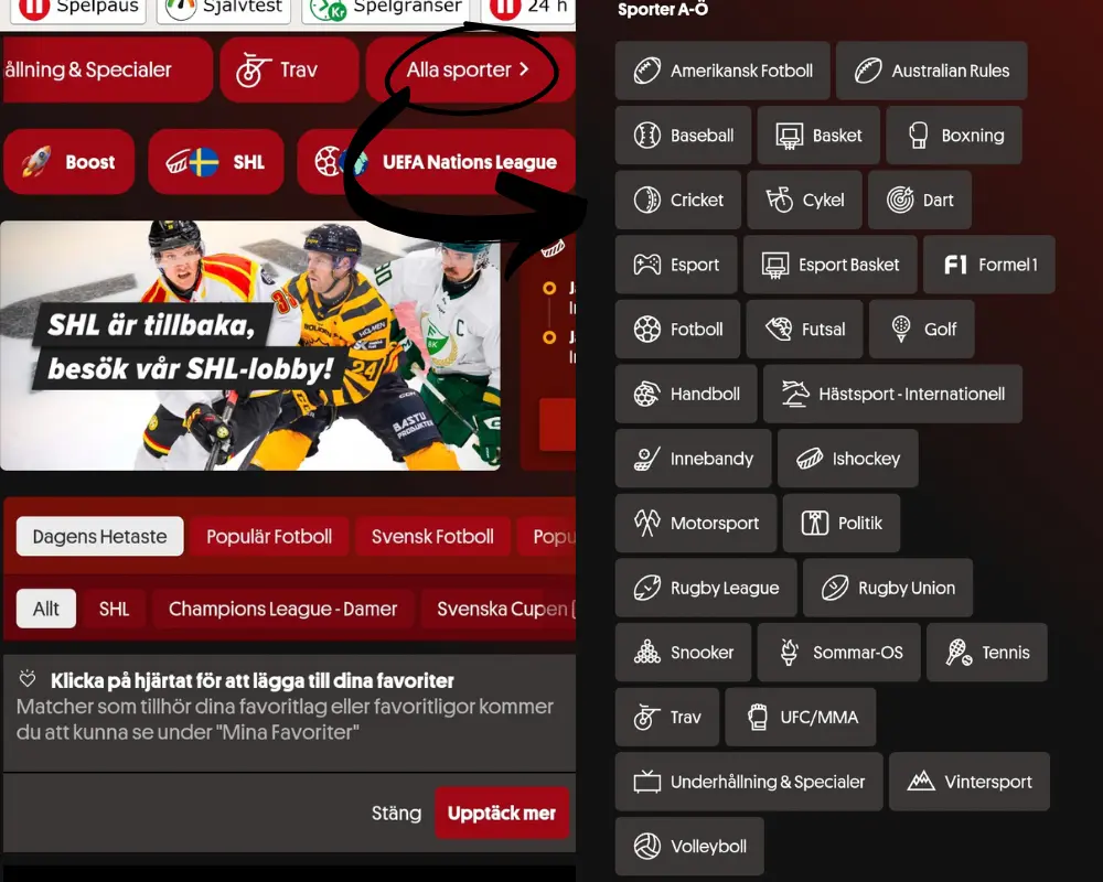 Alla sporter hos Svenska Spel Sport och Casino.