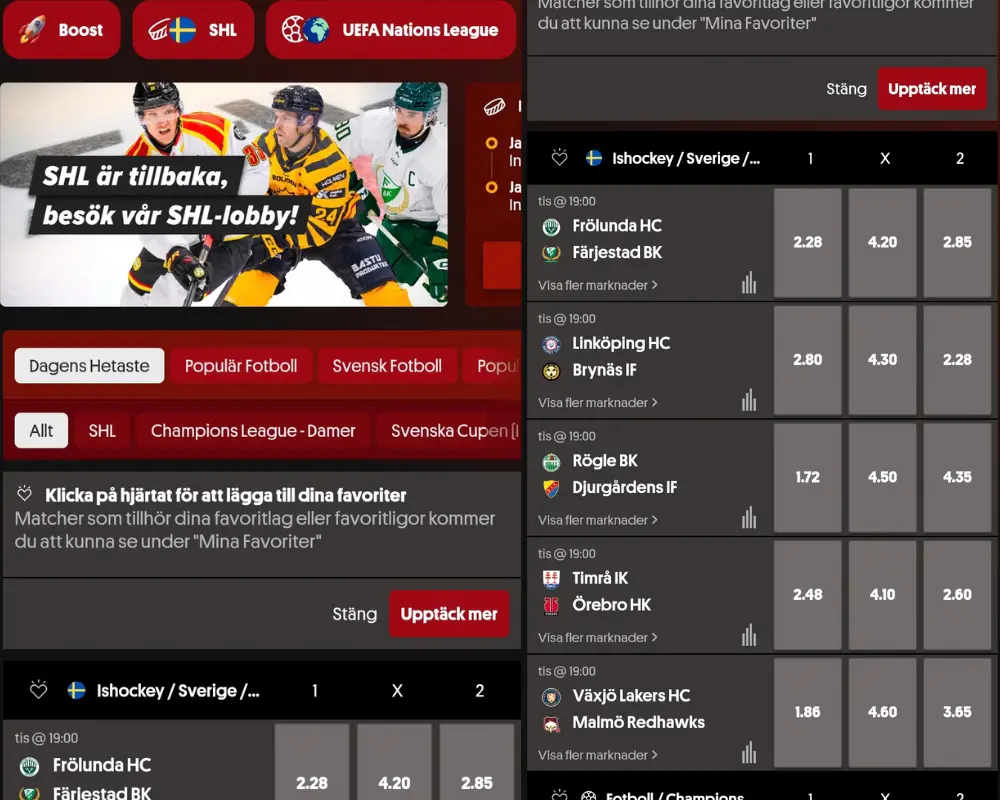 Odds på ishockey och SHL hos Svenska Spel Sport och Casino.