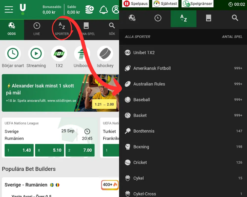 Alla sporter hos Unibet.