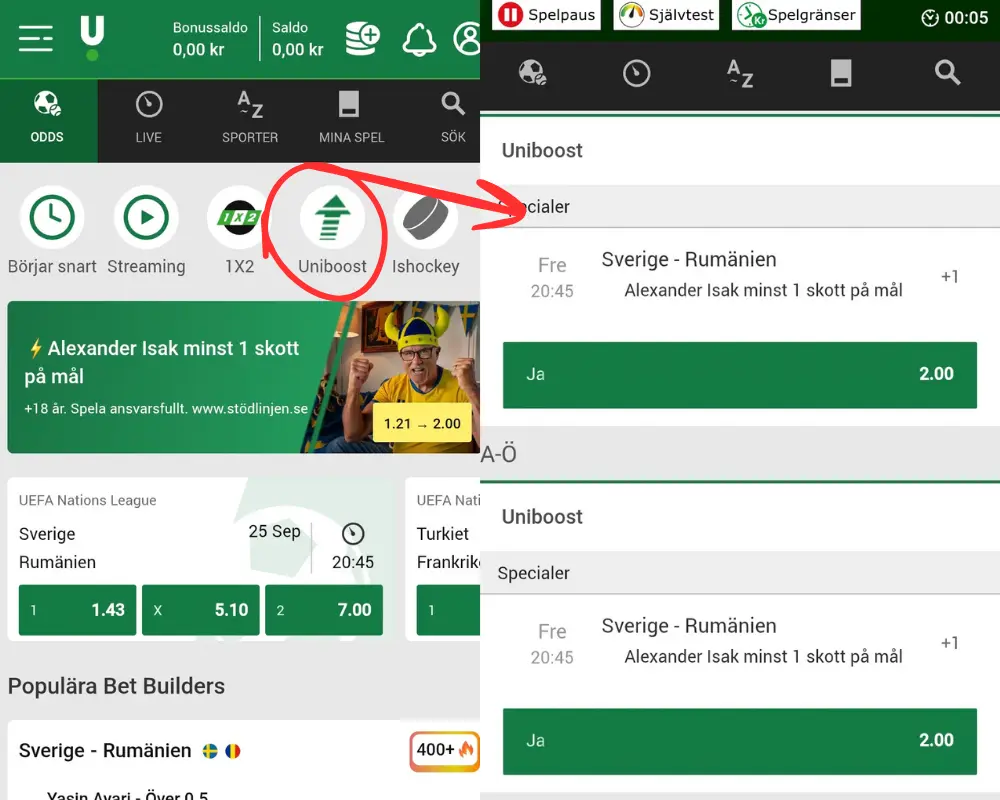 Boostade odds hos Unibet.