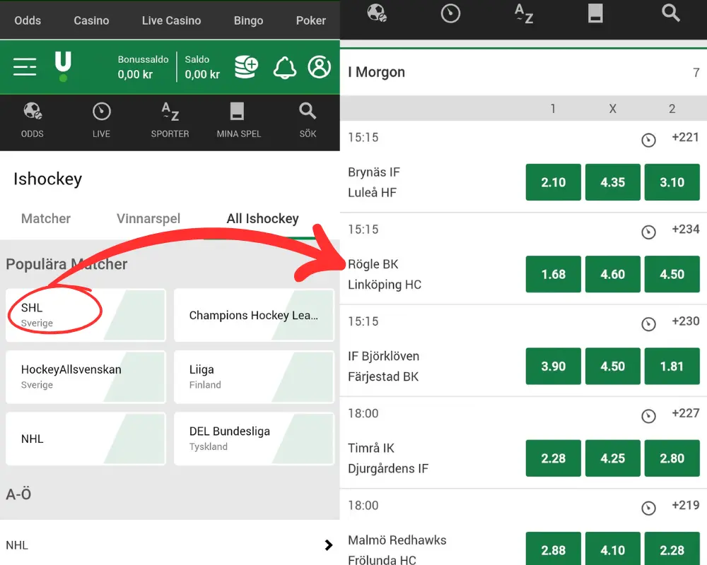 Odds på ishockey och SHL hos Unibet.