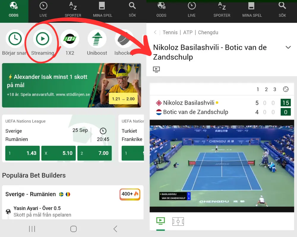 Live betting och streaming hos Unibet.