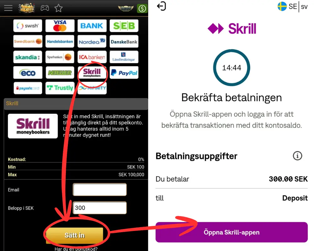 En insättning till Videoslots via Skrill.