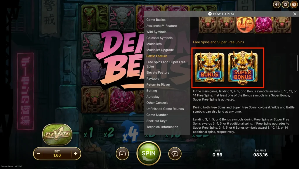 Skärmdump: bonus och super bonus-symboler i Demon Beats.