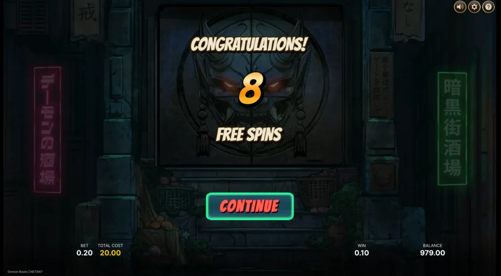 Skärmdump: ett bonusköp av free spins i Demon Beats.