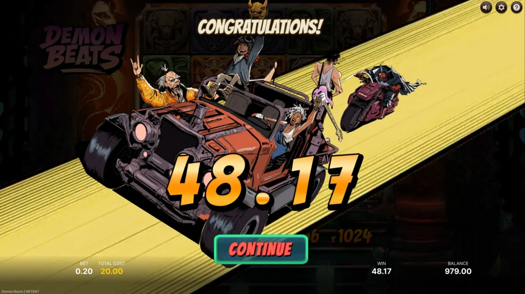 Skärmdump: resultatet av ett bonusköp av free spins i Demon Beats.