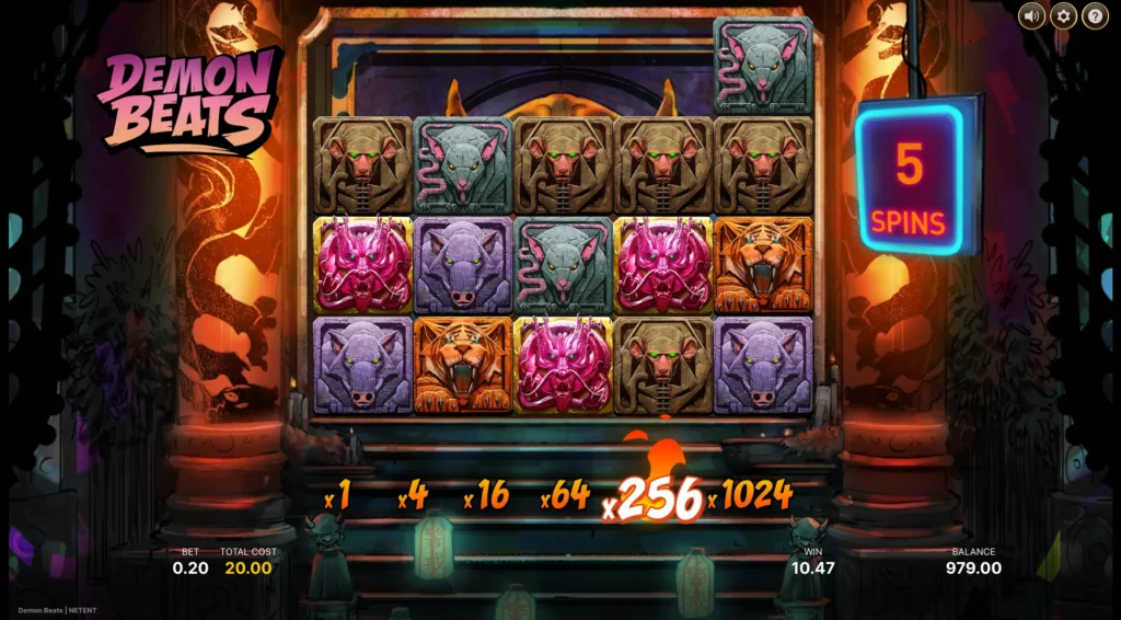 Skärmdump: free spins i Demon Beats.