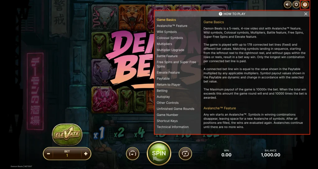 Skärmdump: spelregler och information om Demon Beats.