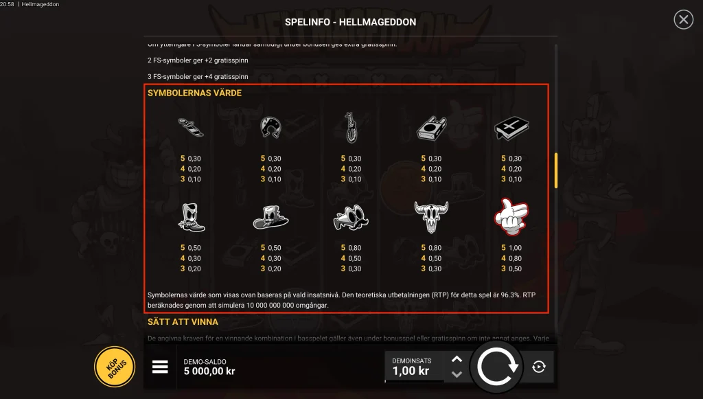 Skärmbild: Vinsttabell och utbetalningar för symboler i Hellmageddon.