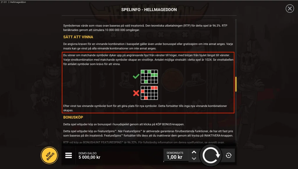 Skärmbild: Spelreglerna i Hellmageddon som visar vinstsätt.