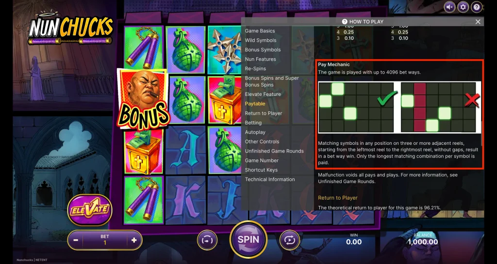 Skärmdump: vinstlinjer i Nunchucks.