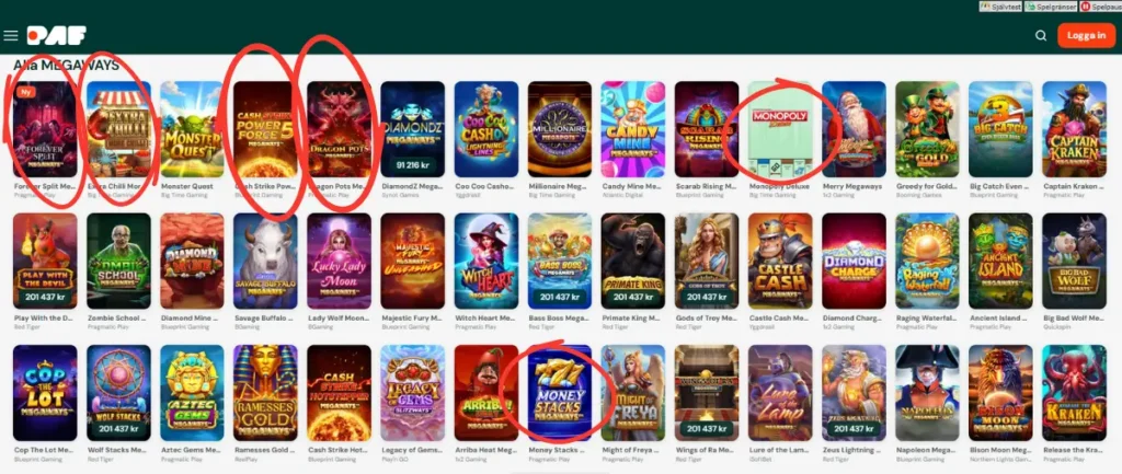Bilden visar flera populära och nya Megaways-spel som finns hos Paf.
