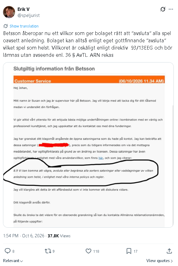 Om Betssons uppdaterade villkor för vadhållning