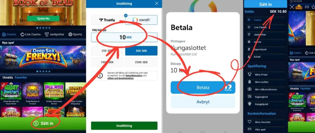 Här testar vi att sätta in minsta möjliga insättning hos Kungaslottet: 10 kr.