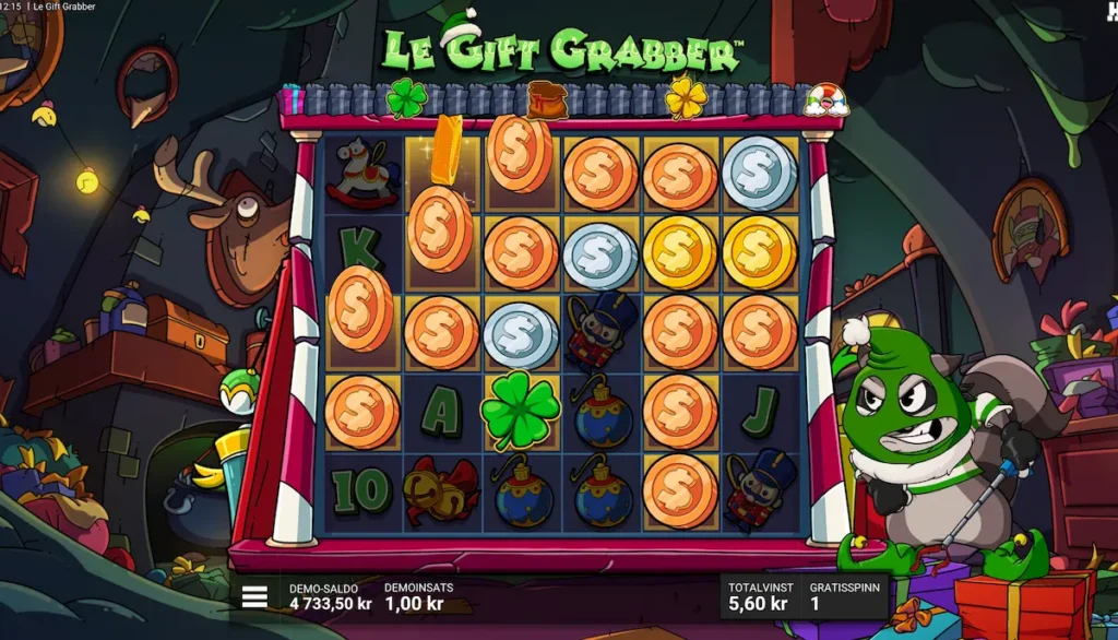 Skärmbild av Le Gift Grabber som visar hur grafiken ändras i bonusrundan "Sticky Fingers"